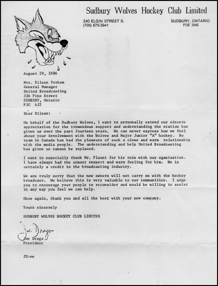 President of the Sudbury Wolves Hockey Club Limited, Joe Drago, to Eileen Forbom, General Manager